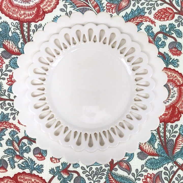 Chevet Pleine and Chevet openwork plates with fabric by The Toile Man