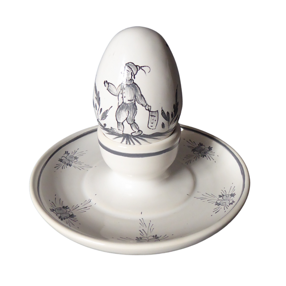 Egg cup with a saucer with its hand painted Romantique grey decoration
