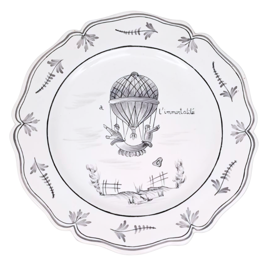 Feston plate with Montgolfiere Monochrome Grey Al'immortalite hand painted motif