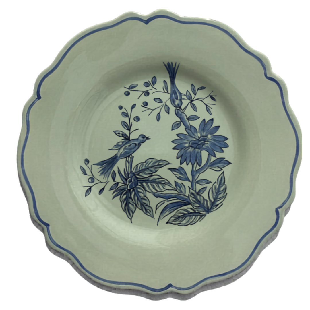 Feston plate with St Omer Monochrome blue hand painted decoration on sage green glaze