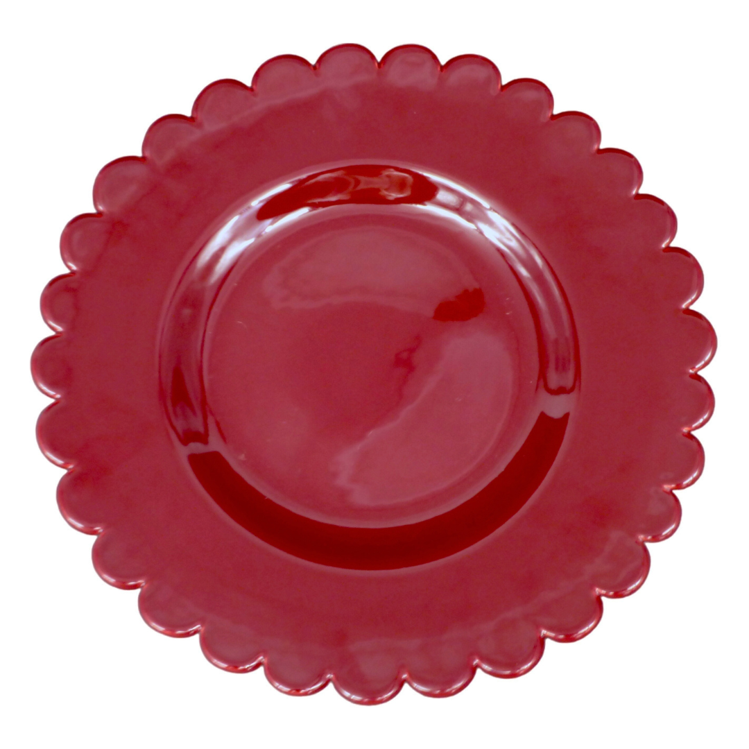 A glossy Burgundy red ceramic plate with a scalloped rim, shown from a top-down view on a white background.