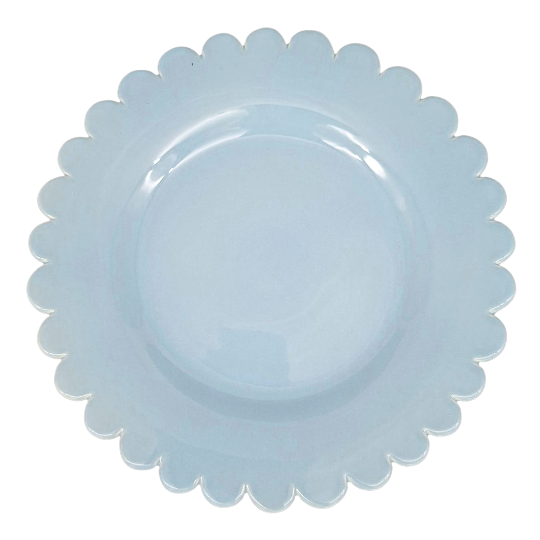 A light blue scalloped ceramic plate shown from a top-down view on a white background.