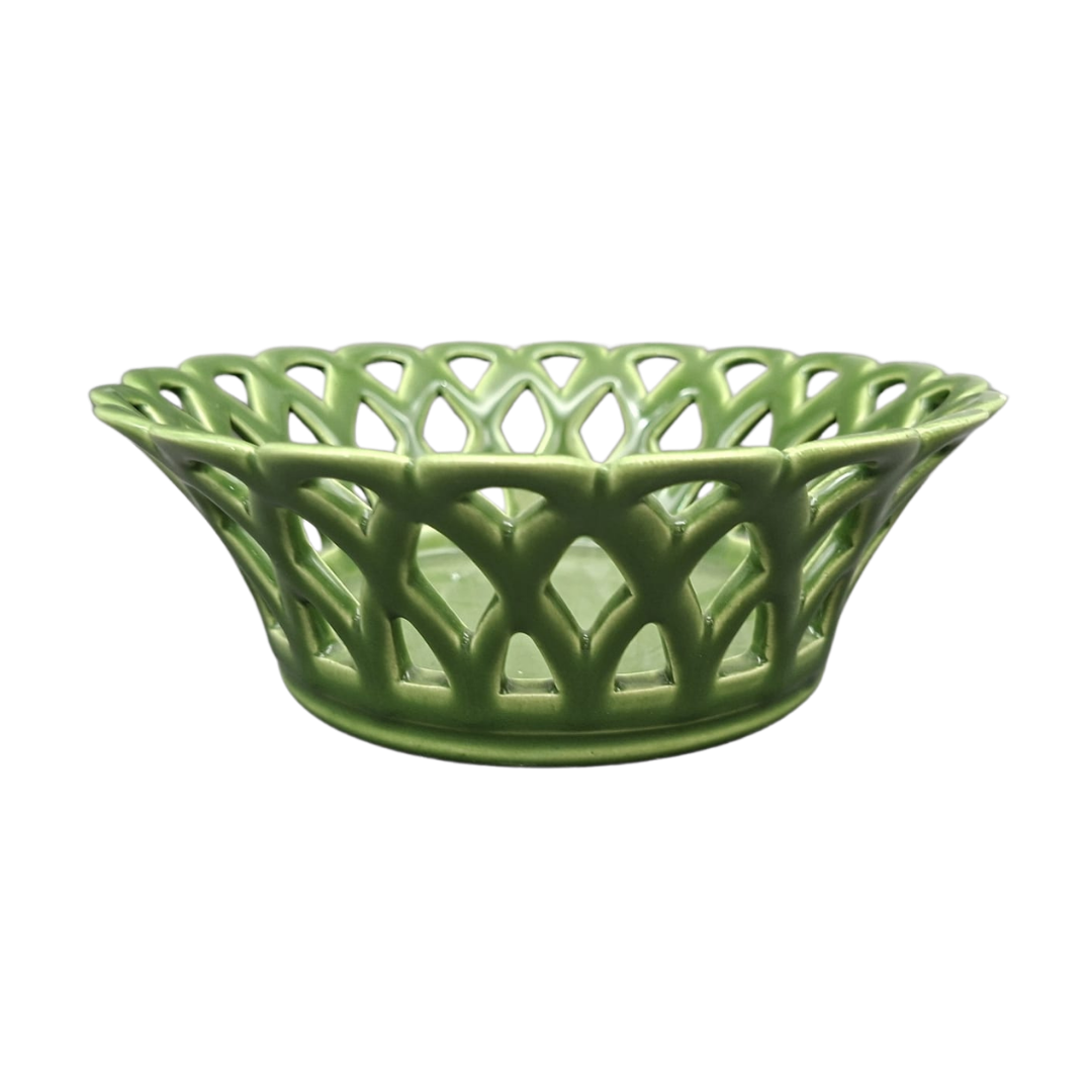 A green Louis Philippe handmade earthenware ceramic basketweave bowl with an open lattice design, shown against a plain white background.