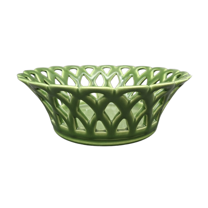A green Louis Philippe handmade earthenware ceramic basketweave bowl with an open lattice design, shown against a plain white background.