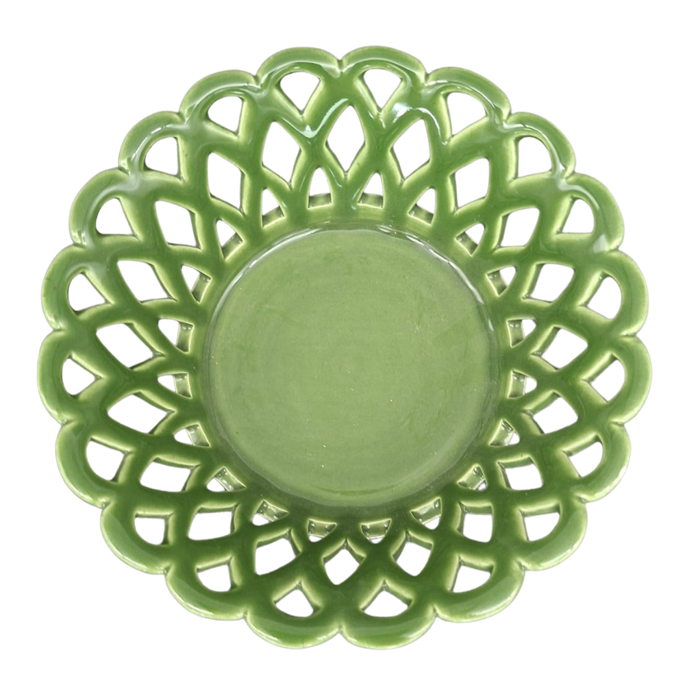 A leaf green Louis Philippe handmade ceramic basket with an intricate openwork, scalloped rim and a smooth, solid center, shown from a top-down perspective on a white background.