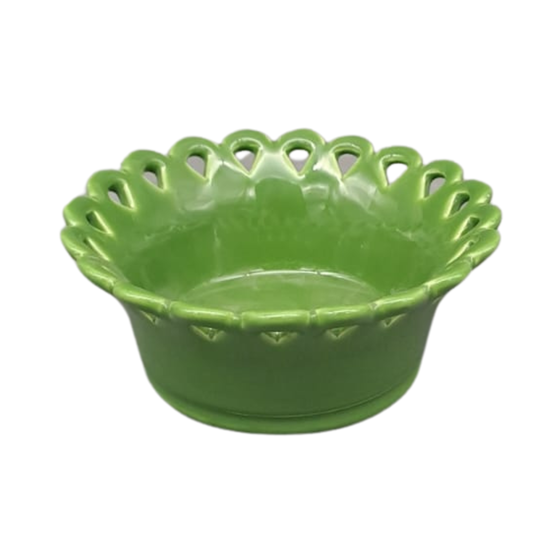 Round Malicorne Fan bowl in green glaze with fan shaped openwork cut outs