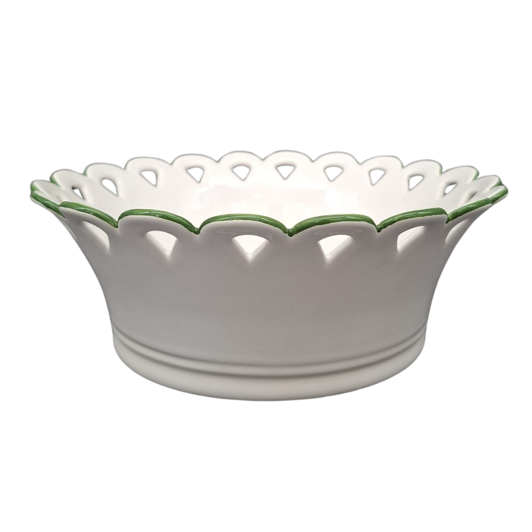 Round scallopped edge bown with fan shaped openwork cut outs and a green hand painted detail on the edge.