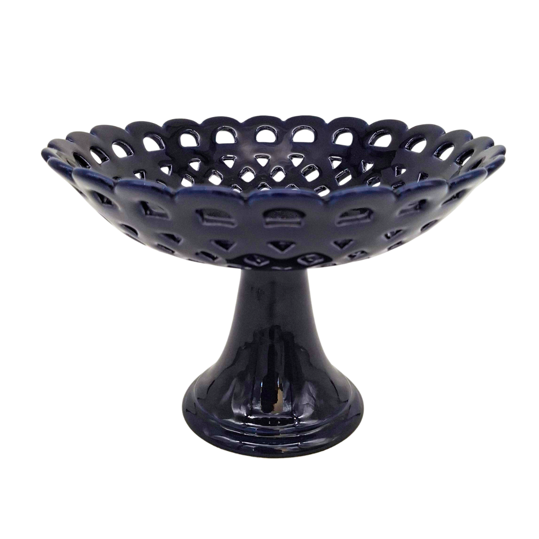 Martin pedestal openworrk basket with a high foot in Navy blue glaze