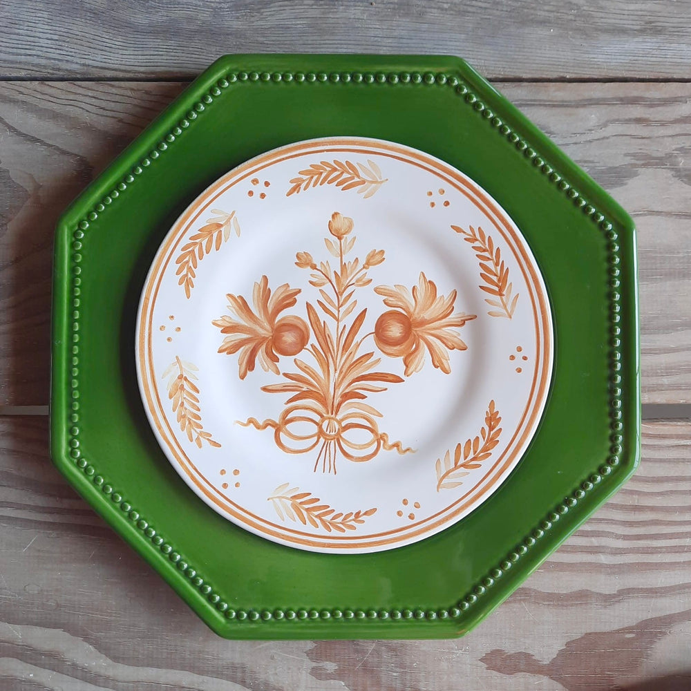 Octogonal Pearled Plate in leaf green with a plain rim plate with Antique flower hand painted motif in orange