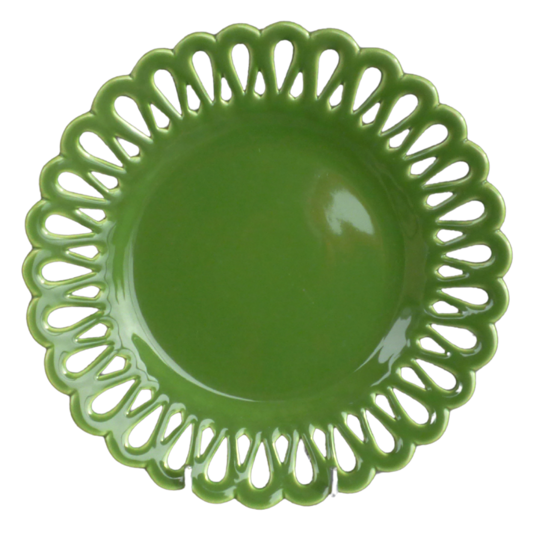 A green ceramic plate with a decorative, scalloped cutout rim, shown from a top-down view on a white background.