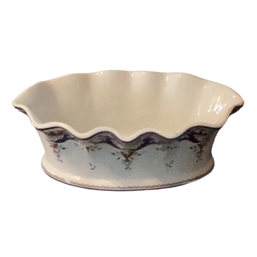 Oval scalloped planter decor Rouen blue & white