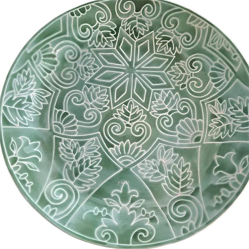 Plain RIm serving plate with Rouen Flamboyant green hand painted decoration