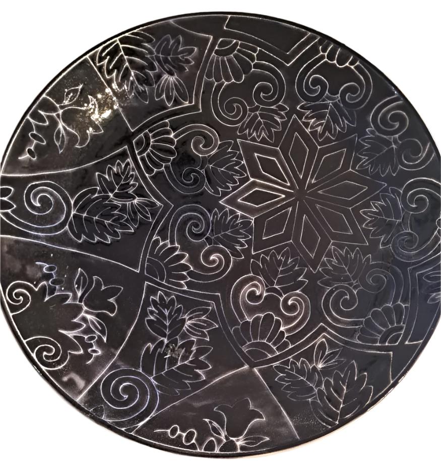 Plain RIm serving plate with Rouen Flamboyant navy blue hand painted decoration