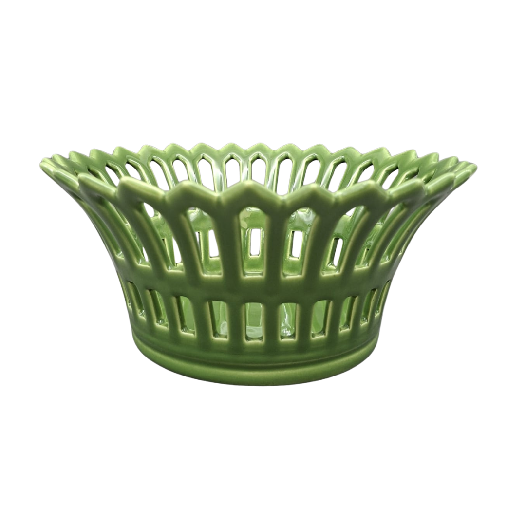 A green ceramic basket bowl with a fluted rim and openwork lattice pattern, shown on a plain white background.