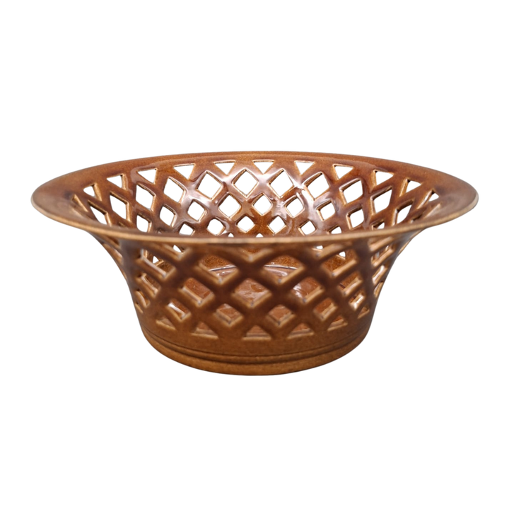 A brown ceramic bowl with a lattice cutout pattern, shown on a plain white background.