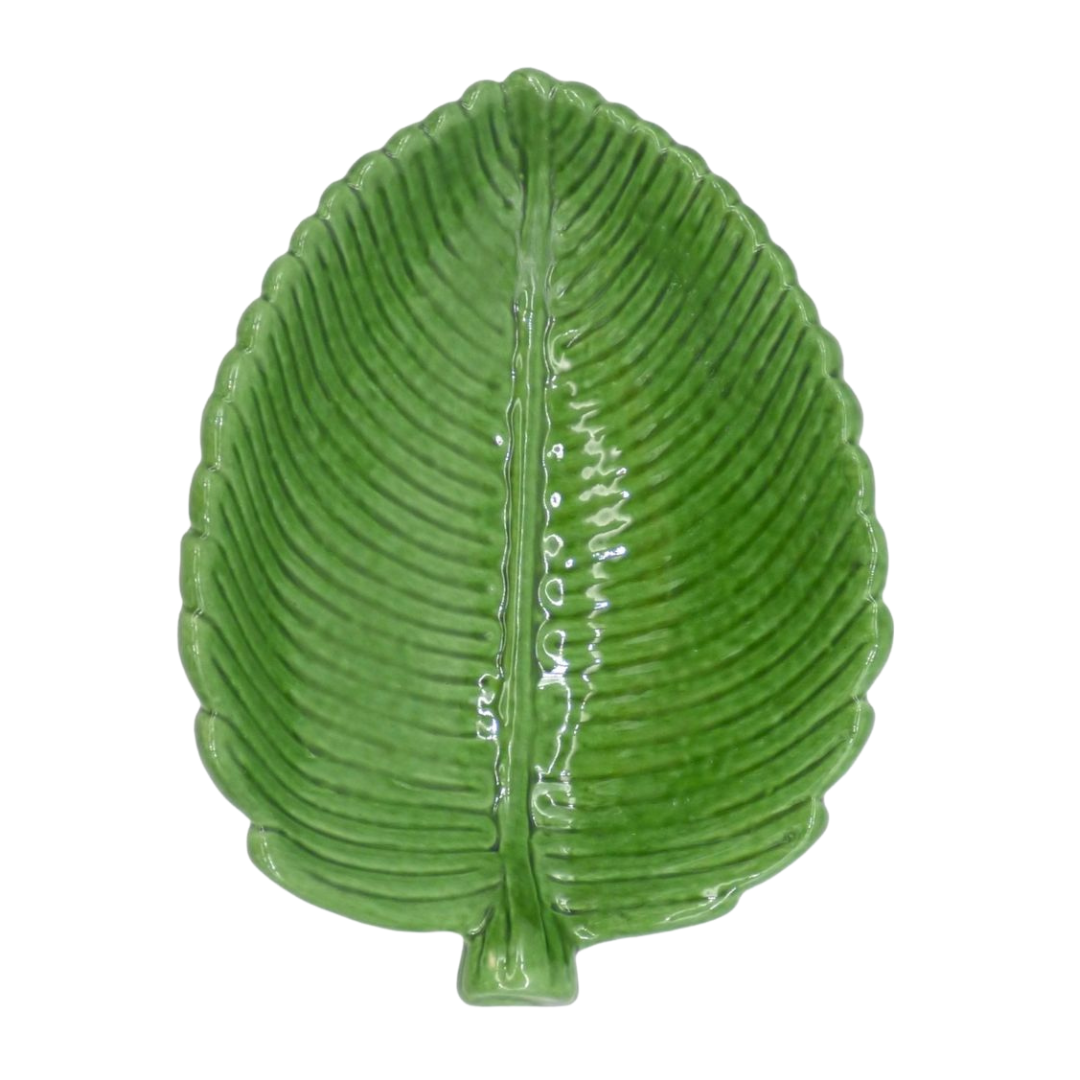 A glossy leaf green glazed leaf-shaped ceramic dish with detailed embossed leaf veins, shown on a plain white background.