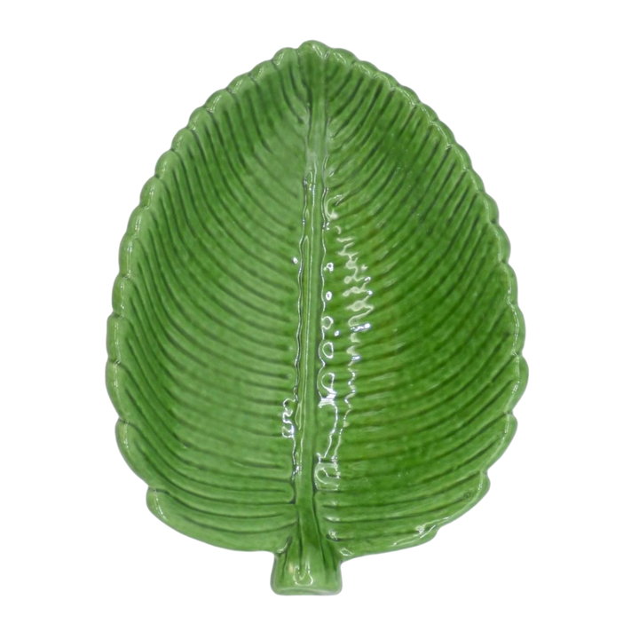 A glossy leaf green glazed leaf-shaped ceramic dish with detailed embossed leaf veins, shown on a plain white background.