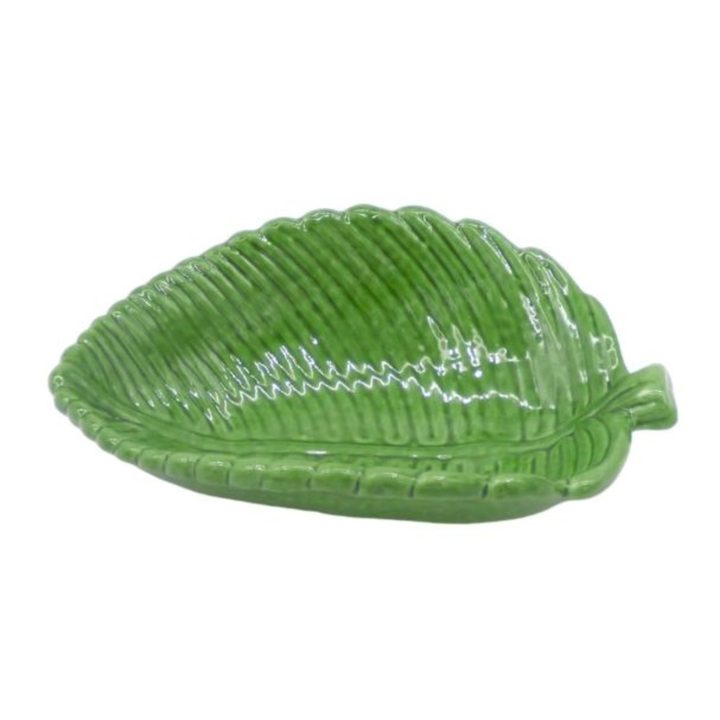 A glossy green ceramic leaf-shaped dish with detailed leaf veins, shown on a plain white background.