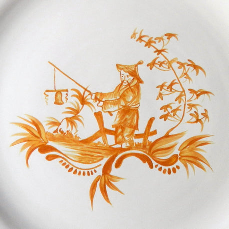 Feston plate with hand painted Chinoiserie 5 'The Fisherman' monochrome Yellow decoration