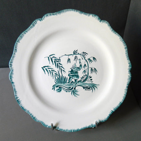 Feston plate with hand painted Chinoiserie 1 'The Merry Maker'  monochrome Turquoise decoration