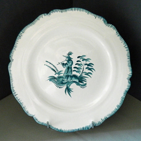 Feston plate with hand painted Chinoiserie 3 'The Pipe Smoker' monochrome Turquoise decoration