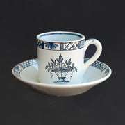 Coffee cup and saucer with Rouen Panier Prouet Blue hand painted decoration