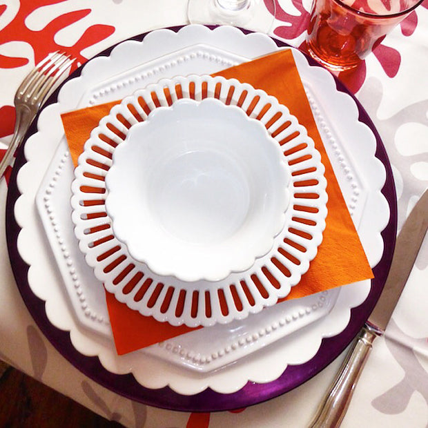 Chevet Pleine dinner plate, Octogonale perlée salad plate, Bourg-Joly openwork dessert plate and Malicorne Pleine bowl