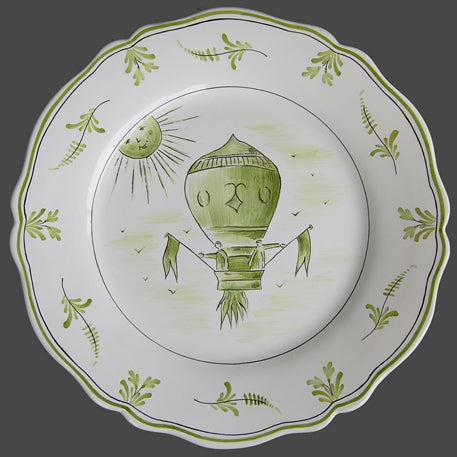 Feston plate with Montgolfière 3 Green hand painted decoration