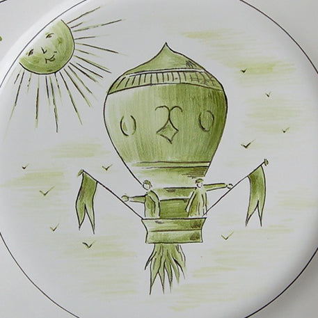 Feston plate with Montgolfière 3 Green hand painted decoration
