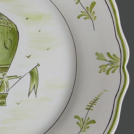 Feston plate with Montgolfière 3 Green hand painted decoration