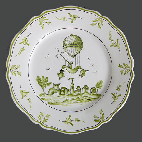 Feston plate with Montgolfière 1 Green hand painted decoration