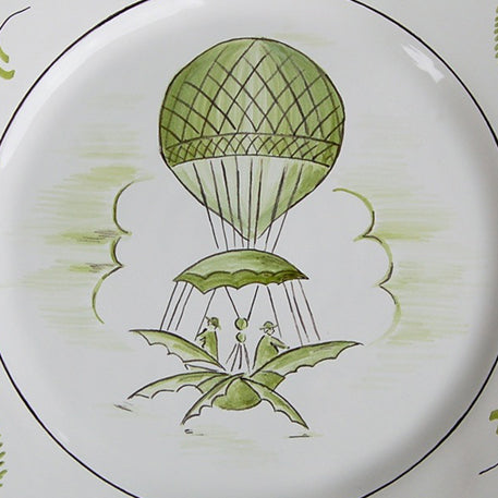 Feston plate with Montgolfière 2 Green hand painted decoration