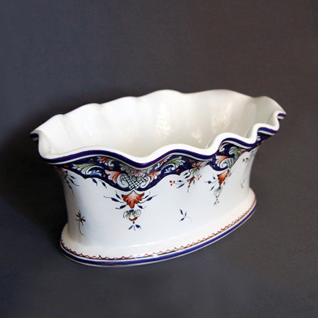 Oval scalloped planter with hand painted Rouen decoration