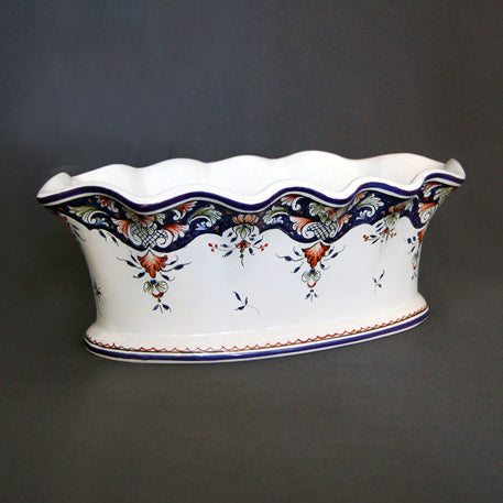 Oval scalloped planter with hand painted Rouen decoration