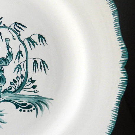 Scalloped Edge Feston plate with hand painted Chinoiserie 1 'The Merry Maker' monochrome Turquoise decoration
