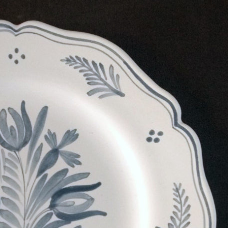 Scalloped Feston plate hand painted Antique flowers 1 monochrome blue