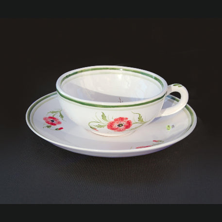 One handle Bas cup and saucer with Coquelicots 2 hand painted decoration