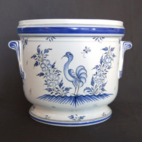 Anses anciennes planter with hand painted Moustiers blue decoration