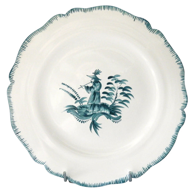 Feston plate with hand painted Chinoiserie 3 'The Pipe Smoker' monochrome Turquoise decoration