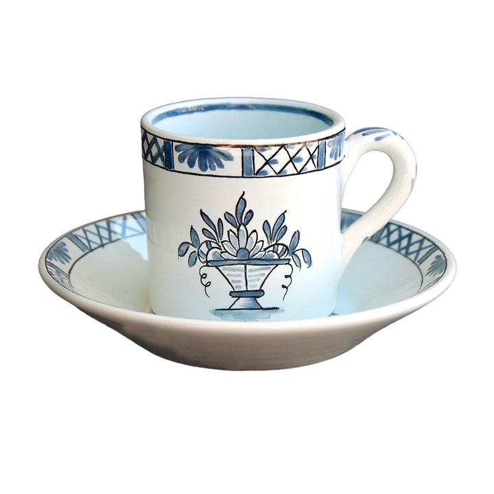 Coffee cup and saucer with Rouen Panier Prouet Blue hand painted decoration