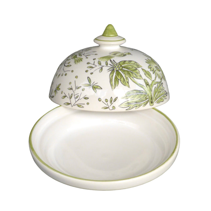 Cloche and dish for presenting sweets. Handmade in France with traditional hand painted motif of birds and flowers