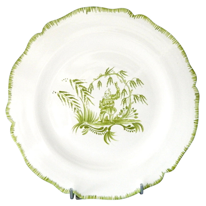 Feston plate with hand painted Chinoiserie 1 'The Merrymaker' Monochrome Green decoration
