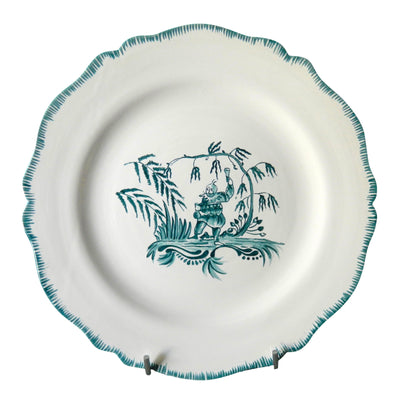 Feston plate with hand painted Chinoiserie 1 'The Merry Maker' monochrome Turquoise decoration
