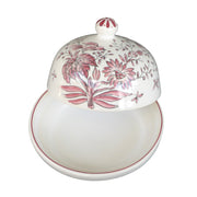 Small round two part butter dish with hand painted Raspberry red motif of birds and flowers
