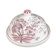 Round lidder dish with Raspberry red monochrome St- Omer bird and flower motif hand painted decoration