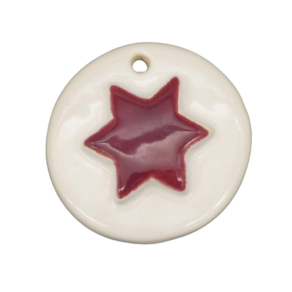 Star disc ornament in white with bordeux star