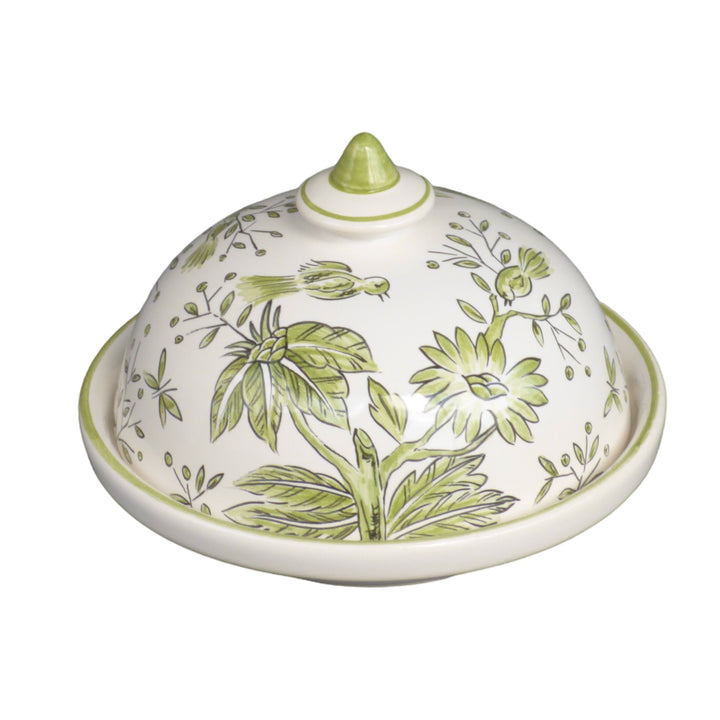 Round small lidded dish with Green monochrome St- Omer hand painted traditional Frenchdecoration