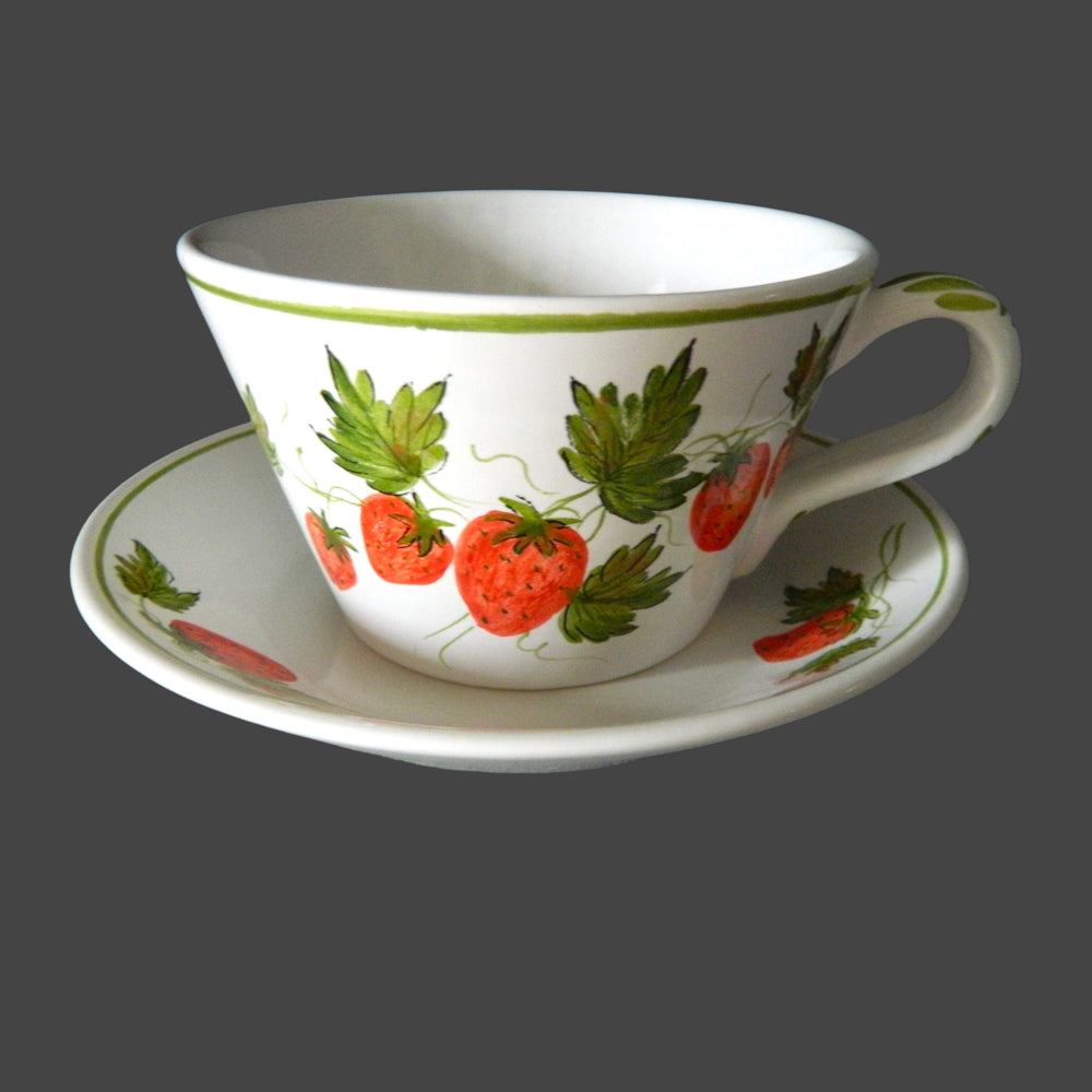 Pointu Breakfast cup and saucer with Pouplard Fraise hand painted decoration