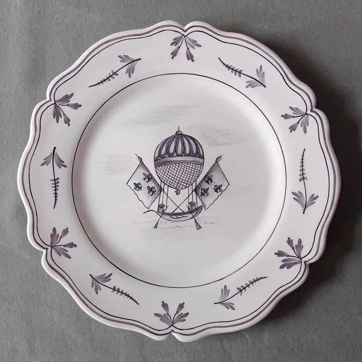 Feston plate with Montgolfière 4 Grey hand painted decoration