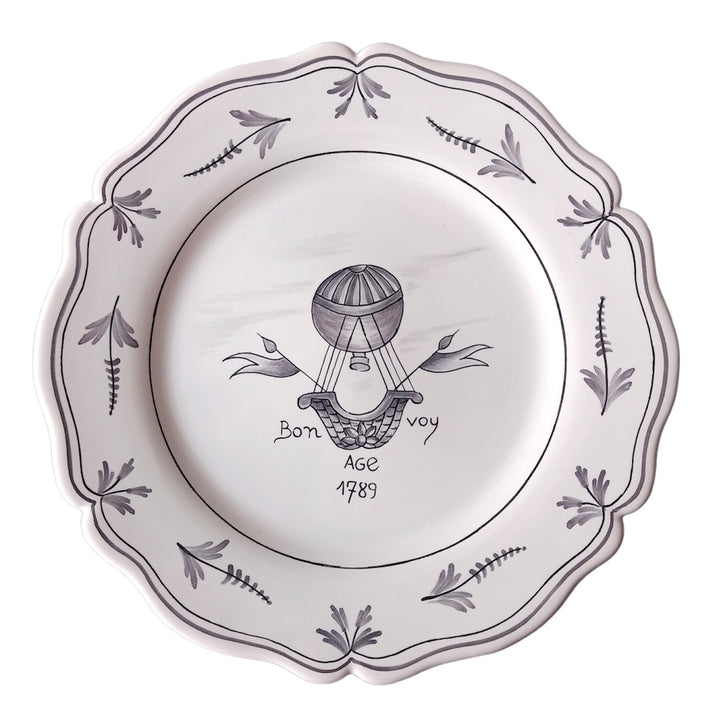 Feston plate with Montgolfière Grey - Bon Voyage hand painted decoration